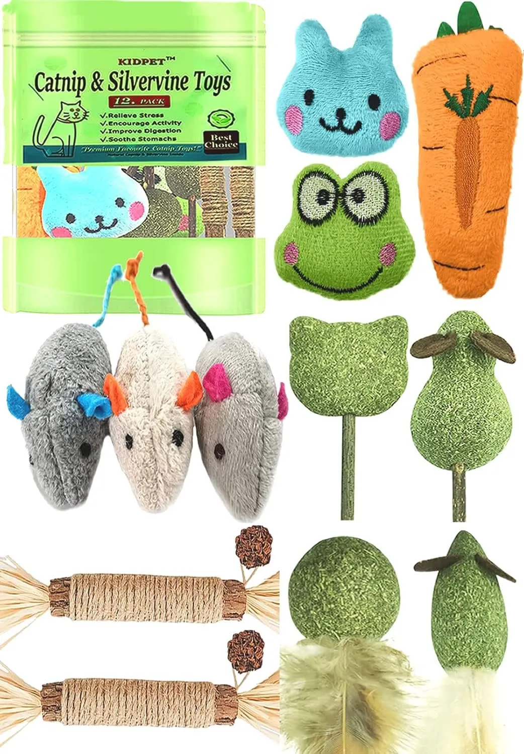 12 Pack Catnip Toys for Cats, Silvervine Sticks, Catnip Balls, Cat Nip Mice, Kicker Toys, Silver Vine Organic Chew Toys, Kitten Teething Toy,Interactive Enrichment Plush Mouse Feather for Indoor Cats