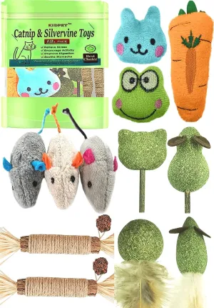 12 Pack Catnip Toys for Cats, Silvervine Sticks, Catnip Balls, Cat Nip Mice, Kicker Toys, Silver Vine Organic Chew Toys, Kitten Teething Toy,Interactive Enrichment Plush Mouse Feather for Indoor Cats