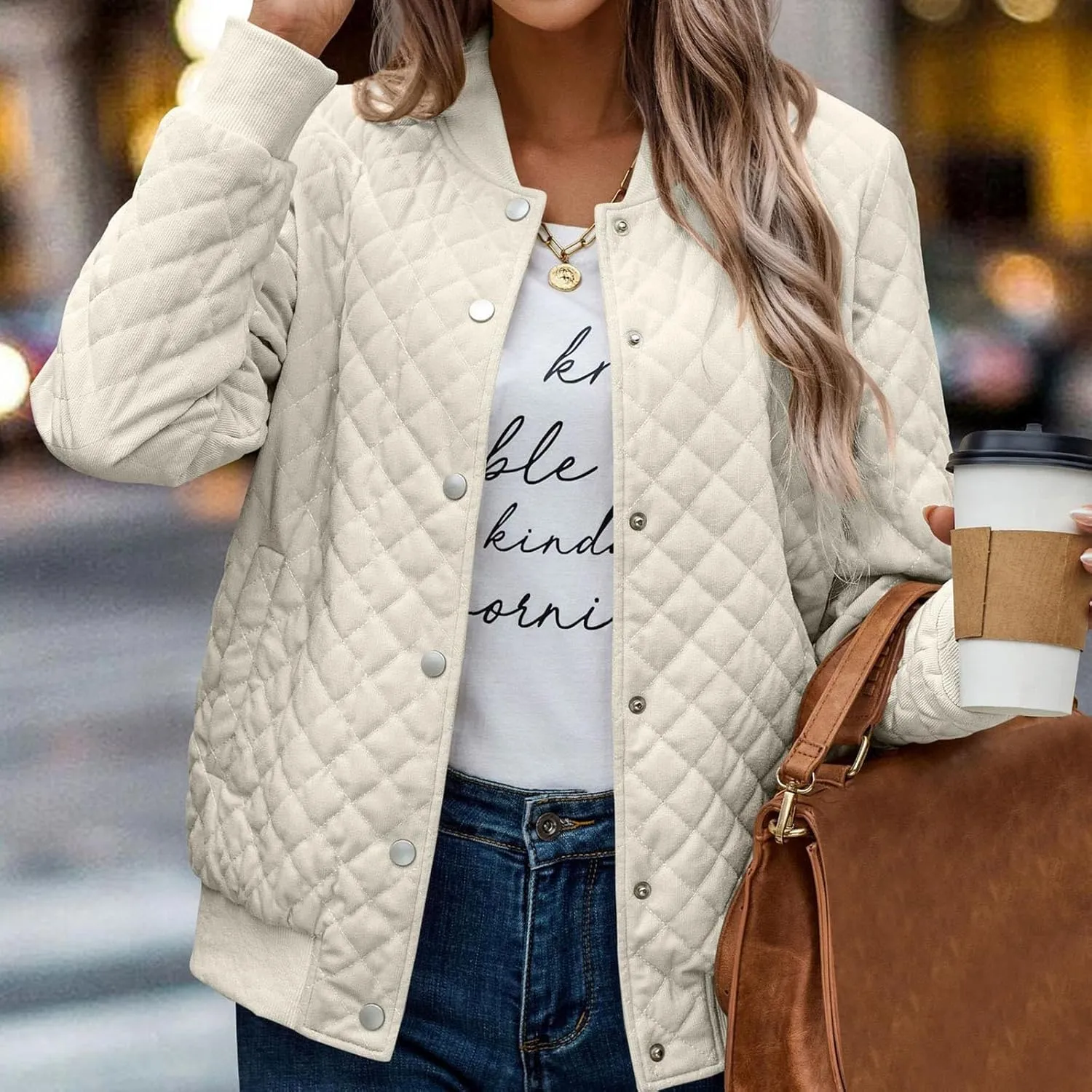 2023 Women's Bomber Jacket Winter Trendy Coats Casual Baseball Coat Button Up Outerwear Lightweight Windbreaker with Pockets