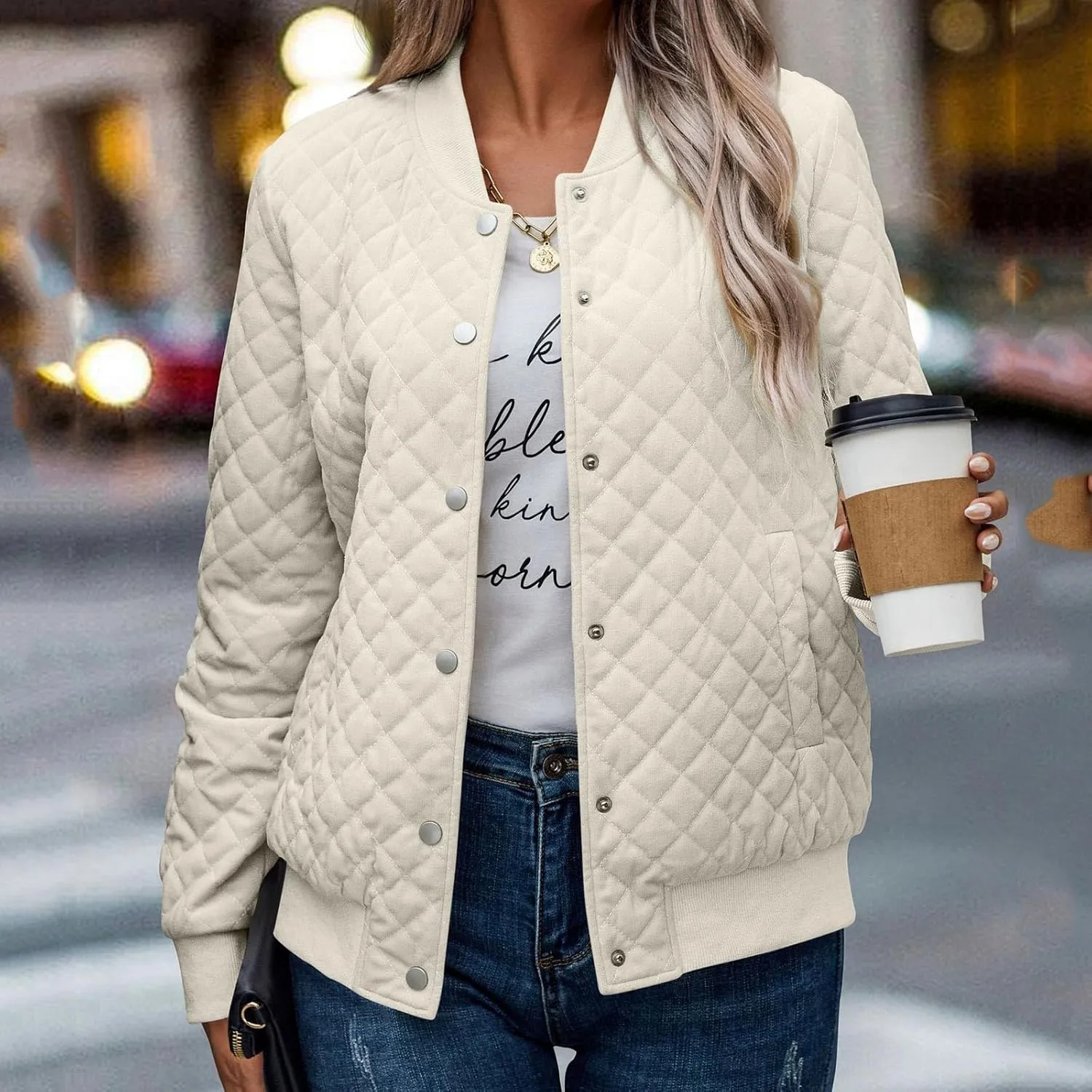 2023 Women's Bomber Jacket Winter Trendy Coats Casual Baseball Coat Button Up Outerwear Lightweight Windbreaker with Pockets