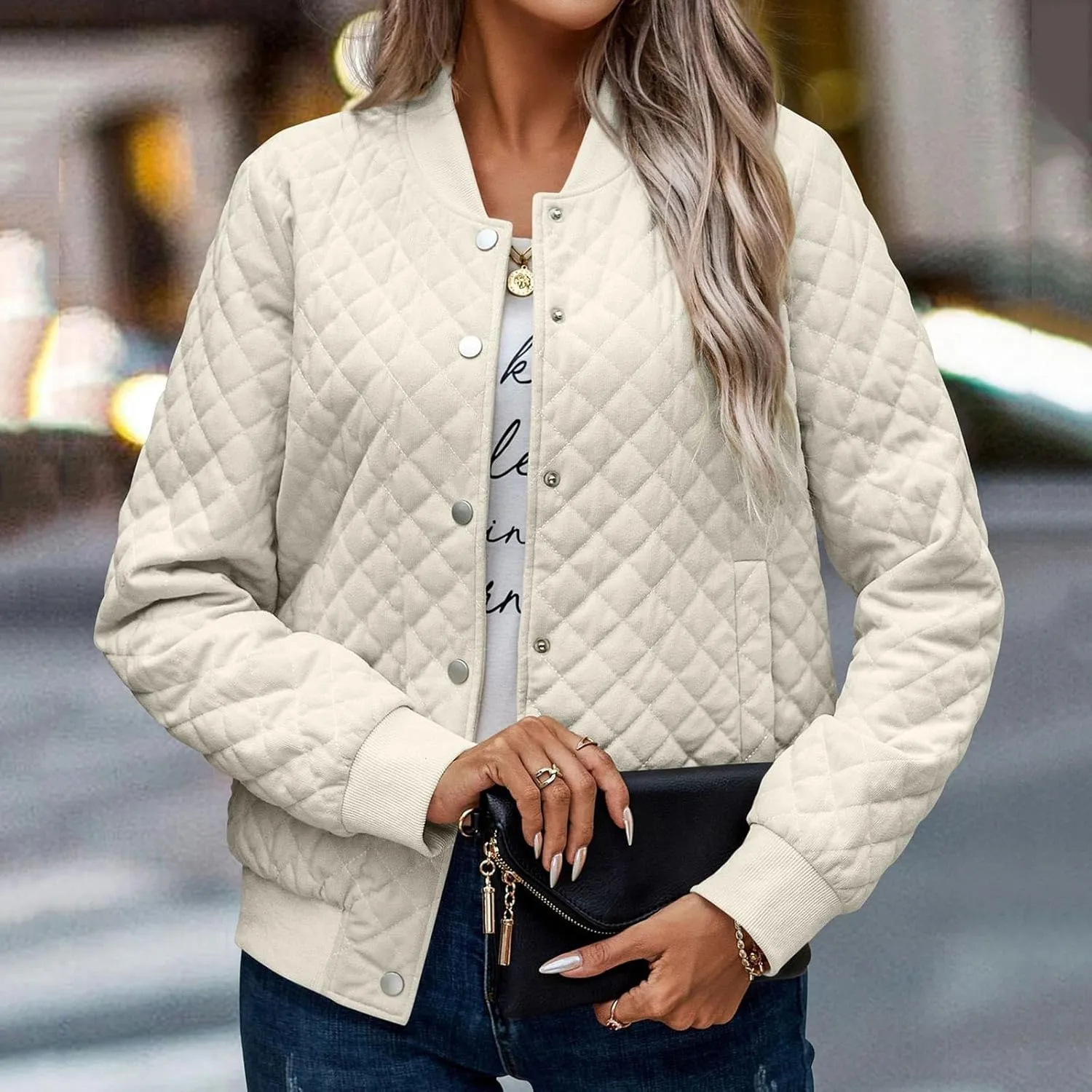2023 Women's Bomber Jacket Winter Trendy Coats Casual Baseball Coat Button Up Outerwear Lightweight Windbreaker with Pockets