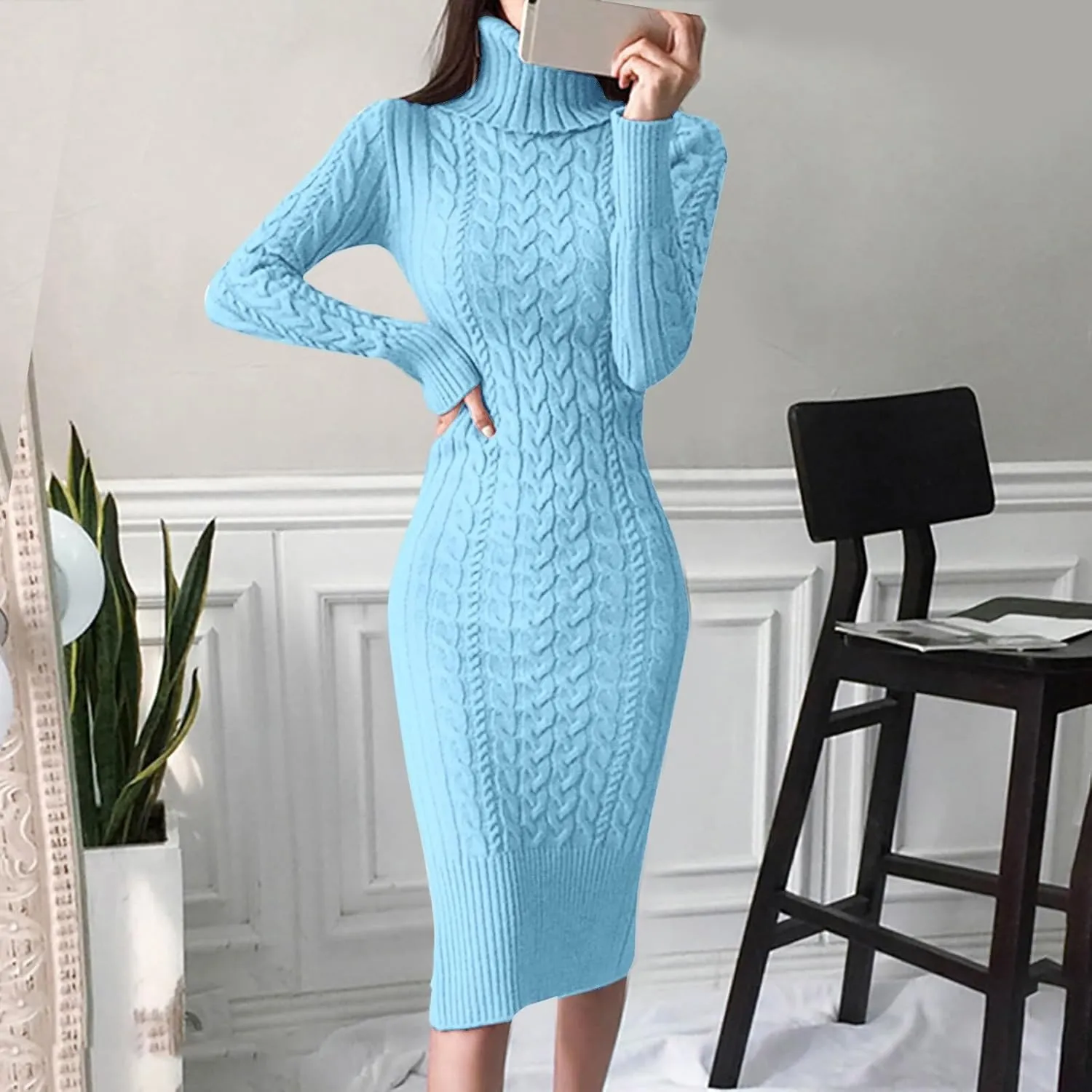 2024 Fall Sweater Dress for Women Long Sleeve Turtleneck Knit Ribbed Slim Fit Midi Dress Business Casual Outfits