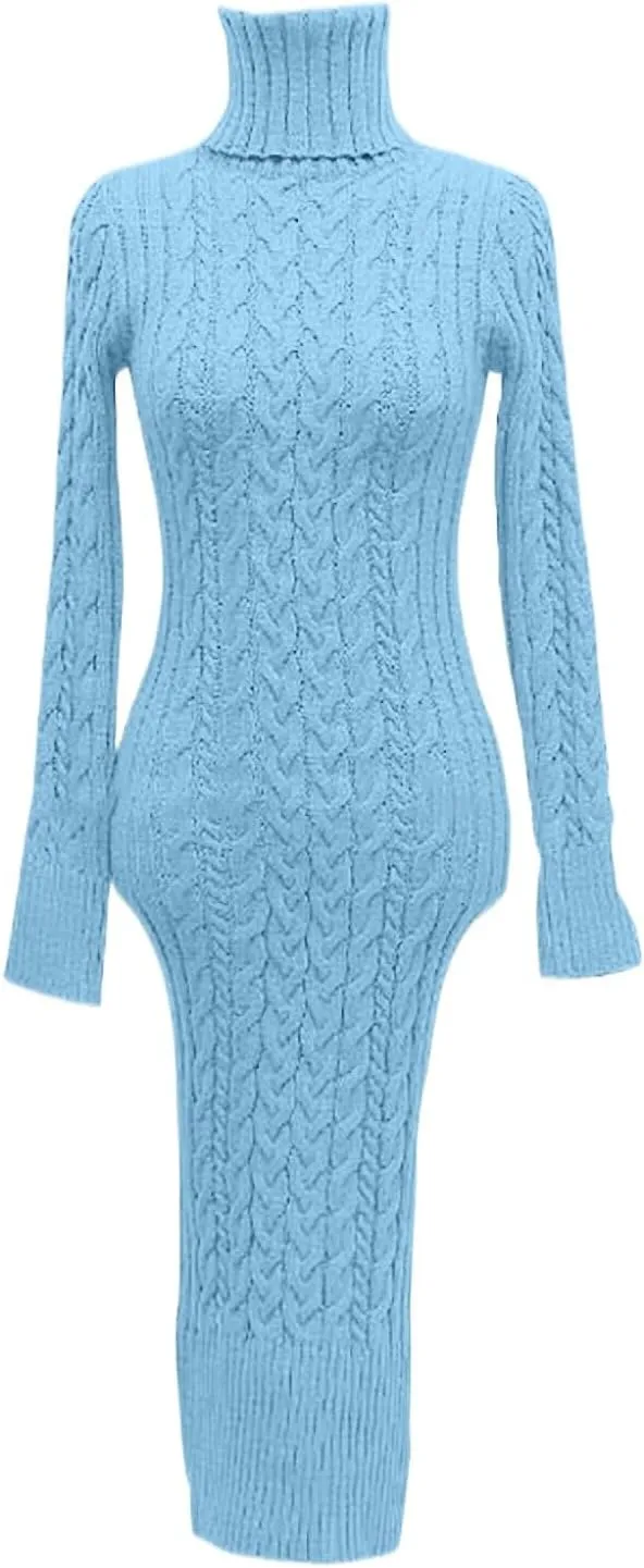 2024 Fall Sweater Dress for Women Long Sleeve Turtleneck Knit Ribbed Slim Fit Midi Dress Business Casual Outfits
