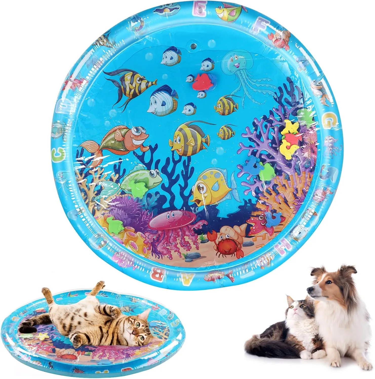 2025 New Thickened Water Sensor Play Mat, Pet Water Sensory Mat, Water Sensory Playmat with Fish, Interactive Sensory Play Mat with Air Pump, Suitable for Indoor Cats and Kittens