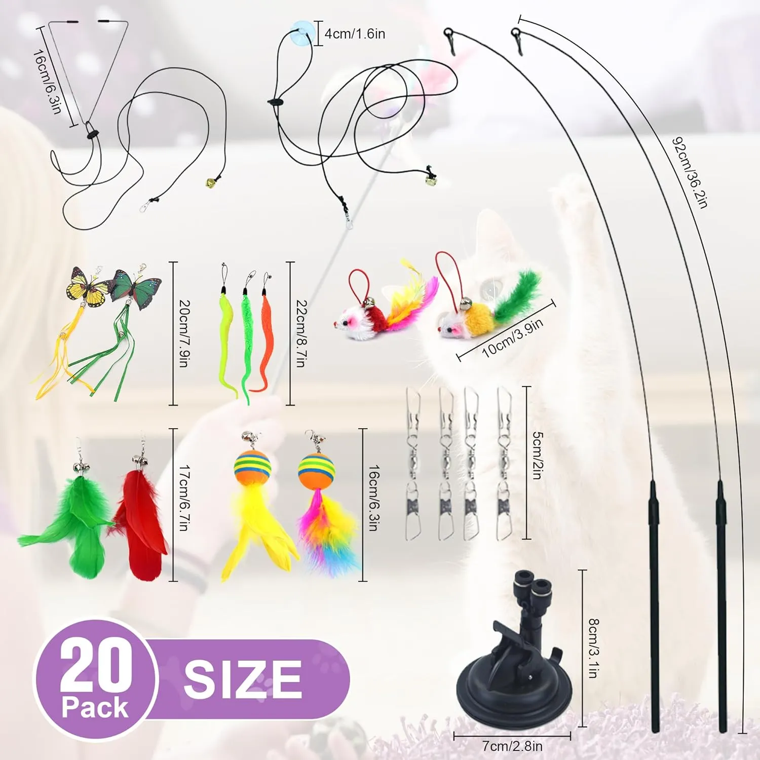 20PCS Teaser Cat Feather Toys Set -with 1 Suction Cup,2 Wands,Including 3 Caterpillar Toys,Interactive Cat Toy for Indoor Cat -Kitten Toys for Teaser Play and Chase Exercise