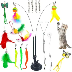 20PCS Teaser Cat Feather Toys Set -with 1 Suction Cup,2 Wands,Including 3 Caterpillar Toys,Interactive Cat Toy for Indoor Cat -Kitten Toys for Teaser Play and Chase Exercise