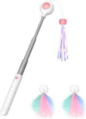 3-Stage Telescopic Cat Teaser Wand with 2 Bonus Feather Replaceable Heads - Compact Interactive Toy for Active Catscat Kicker Toy