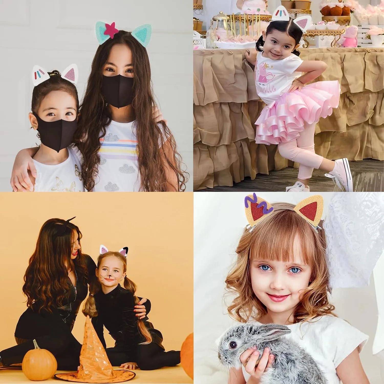 4 Pairs Cat Ears Hair Clips for Girls Cute Glitter Accessories,Kids Birthday Party Decorations Hair Clips Boys and Girls Halloween Costume Accessories Animal Cosplay
