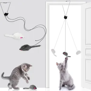 4 Pieces Hanging Door Cat Toy - Interactive Bouncing Mouse and Feather Toys for Stress Relief - Indoor Outdoor Play With Elastic Band