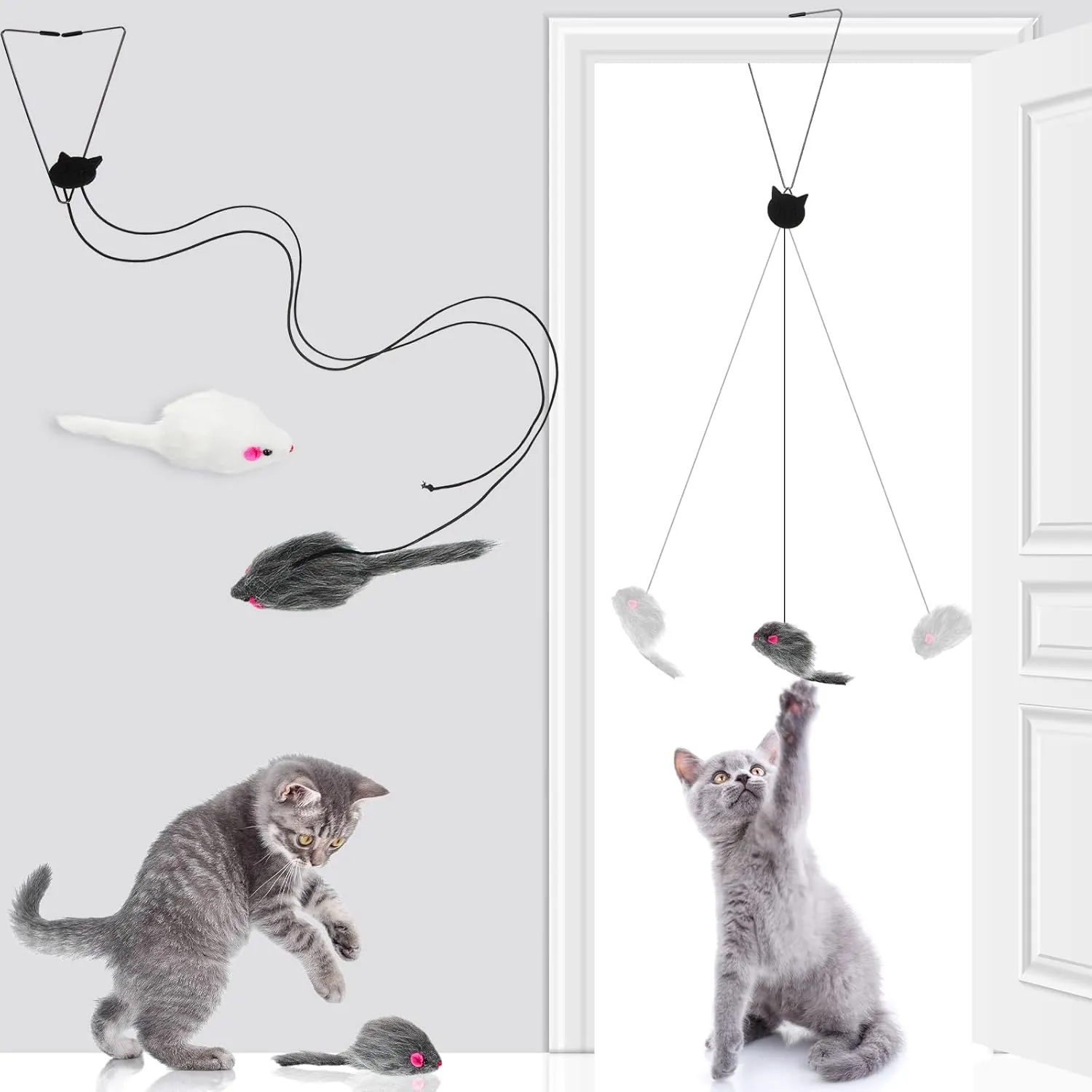 4 Pieces Hanging Door Cat Toy - Interactive Bouncing Mouse and Feather Toys for Stress Relief - Indoor Outdoor Play With Elastic Band