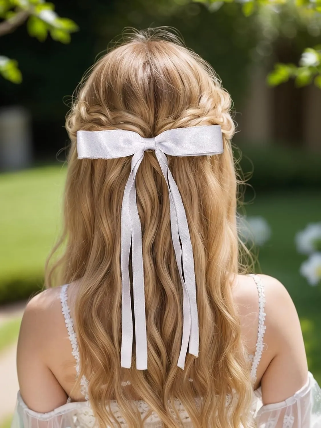 4pcs Hair Accessories for Women, Tassel Ribbon Bowknot Long Hair Barrettes with Long Tail, Solid Claw Clips with Bow (White Light Blue)