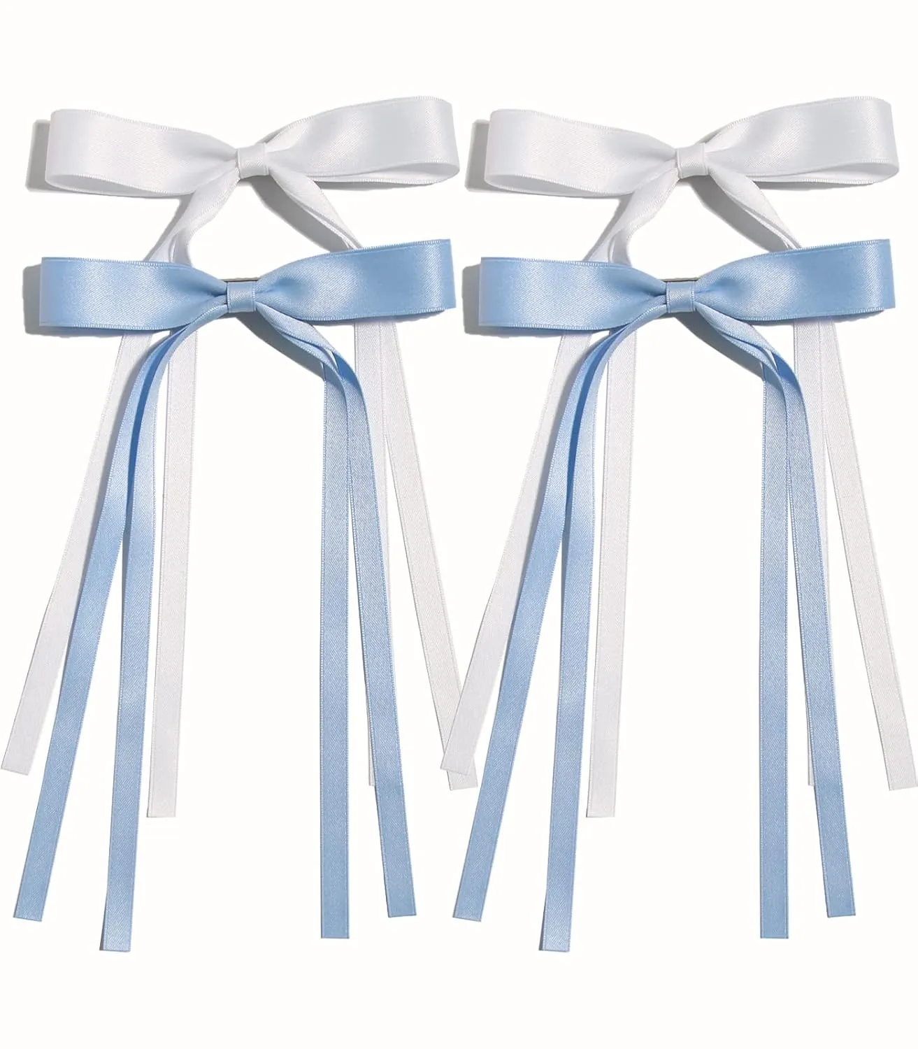 4pcs Hair Accessories for Women, Tassel Ribbon Bowknot Long Hair Barrettes with Long Tail, Solid Claw Clips with Bow (White Light Blue)