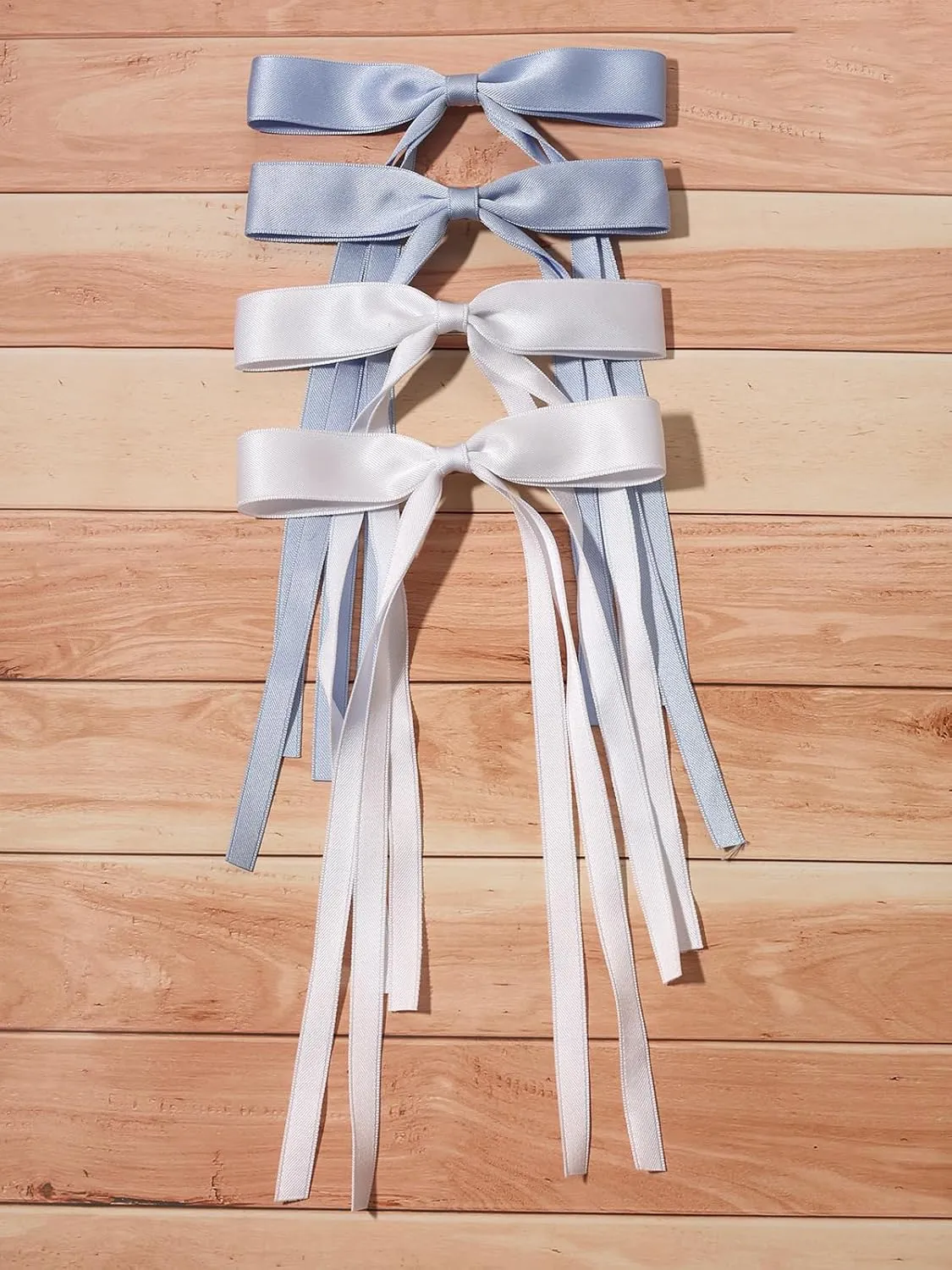 4pcs Hair Accessories for Women, Tassel Ribbon Bowknot Long Hair Barrettes with Long Tail, Solid Claw Clips with Bow (White Light Blue)