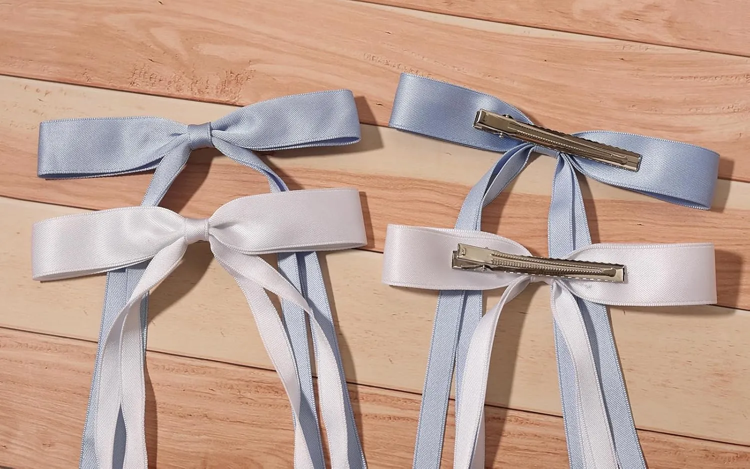 4pcs Hair Accessories for Women, Tassel Ribbon Bowknot Long Hair Barrettes with Long Tail, Solid Claw Clips with Bow (White Light Blue)