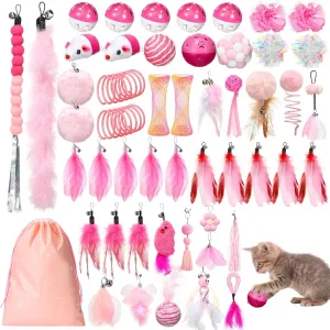 51 Pcs Pink Cat Toy Set Interactive Cat Feather Toys Refill Teaser Worm Bird Feathers with Bell for Indoor Kitten Play Exercise