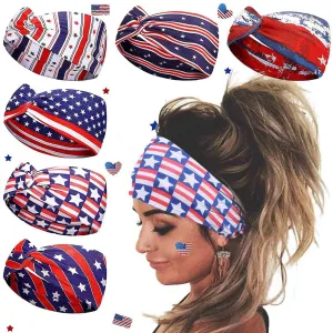 Acenail 4th of July Headbands American Flag Headband USA Patriotic Bandana Red White Blue Head Band Twist Stars Stripes Criss Cross Hairbands Independence Day Hair Accessories for Women 6Pcs