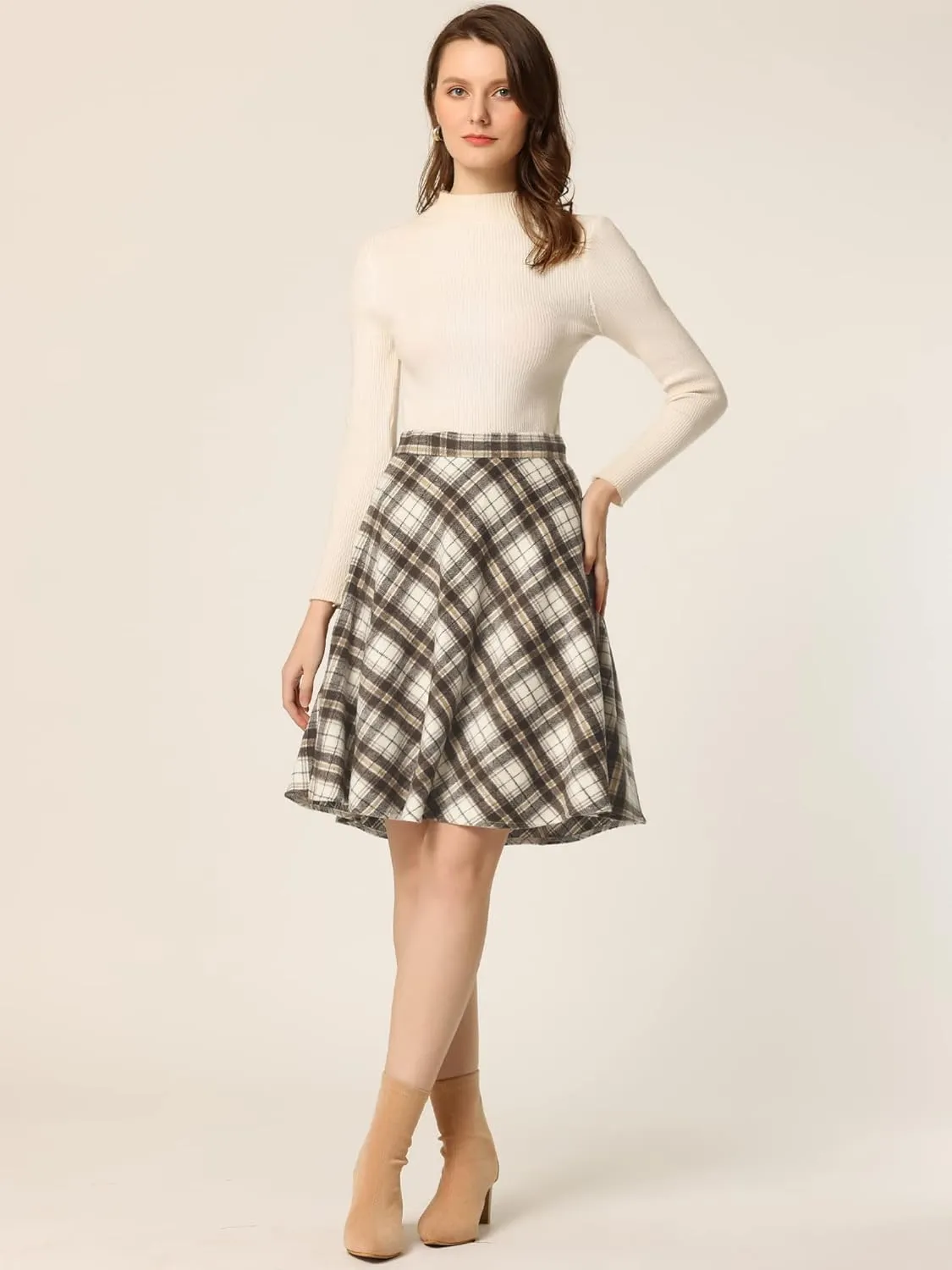 Allegra K Women's Easter Plaids Vintage Tartan Elastic Waist Knee Length A-Line Skirt