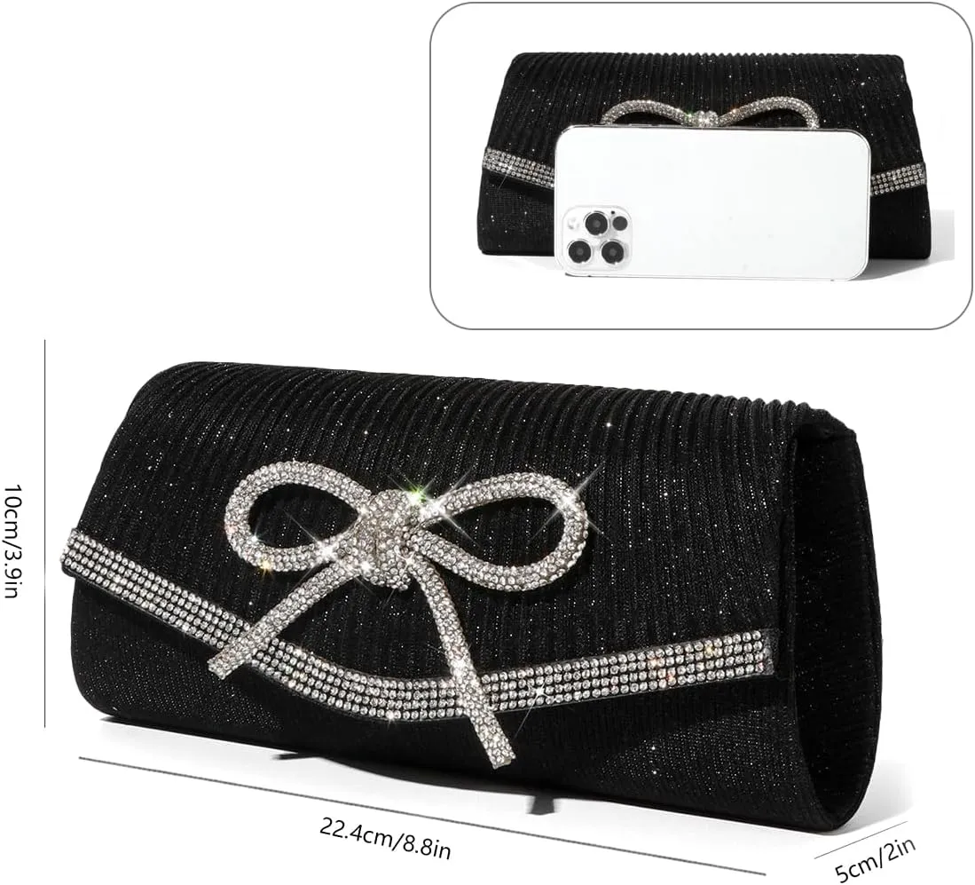 ALUSBELL Elegant Sparkly Bow Evening Bag for Women Glitter Rhinestones Dressy Clutch Purses Handbag for Wedding Party Prom