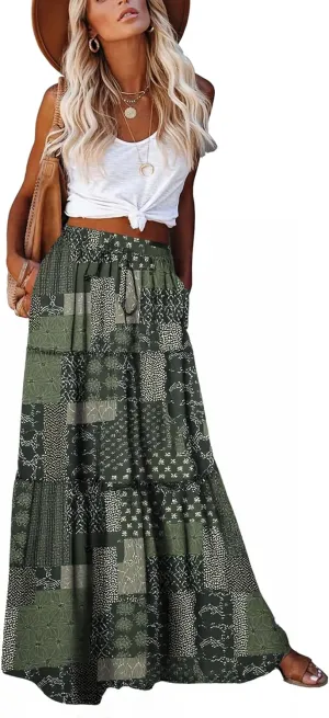ALUWU Women's Long Maxi Bohemian High Waist A Line Skirt with Pockets
