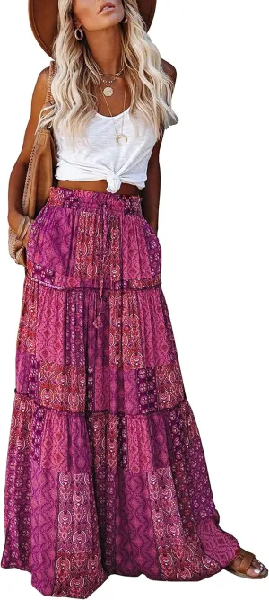 ALUWU Women's Long Maxi Bohemian High Waist A Line Skirt with Pockets