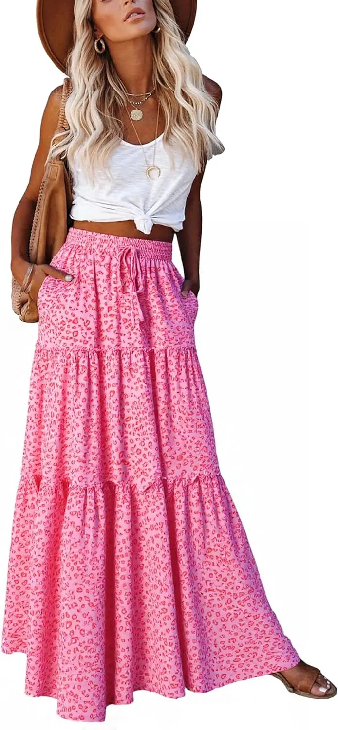 ALUWU Women's Long Maxi Bohemian High Waist A Line Skirt with Pockets