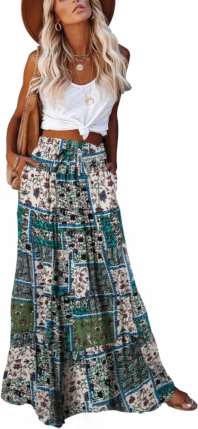 ALUWU Women's Long Maxi Bohemian High Waist A Line Skirt with Pockets