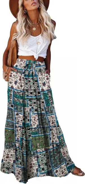 ALUWU Women's Long Maxi Bohemian High Waist A Line Skirt with Pockets