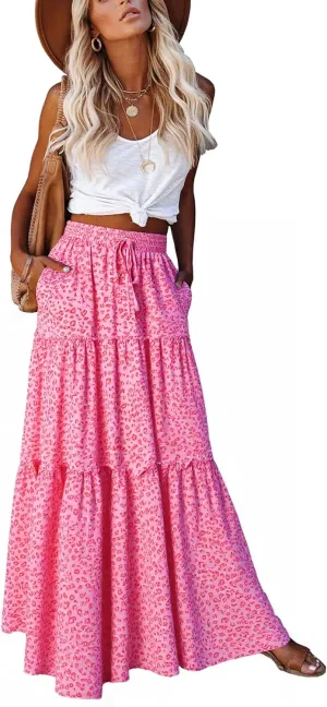 ALUWU Women's Long Maxi Bohemian High Waist A Line Skirt with Pockets