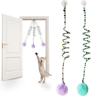 Andiker Cat Spring Toy, Self-Play Stretchable Door Hanging Cat Toy with Bell for Indoor Interactive Cat Toy, Soft Plush Ball with Spring Kitten Toy for Cat Kitten Playing Exercising (Green Purple)