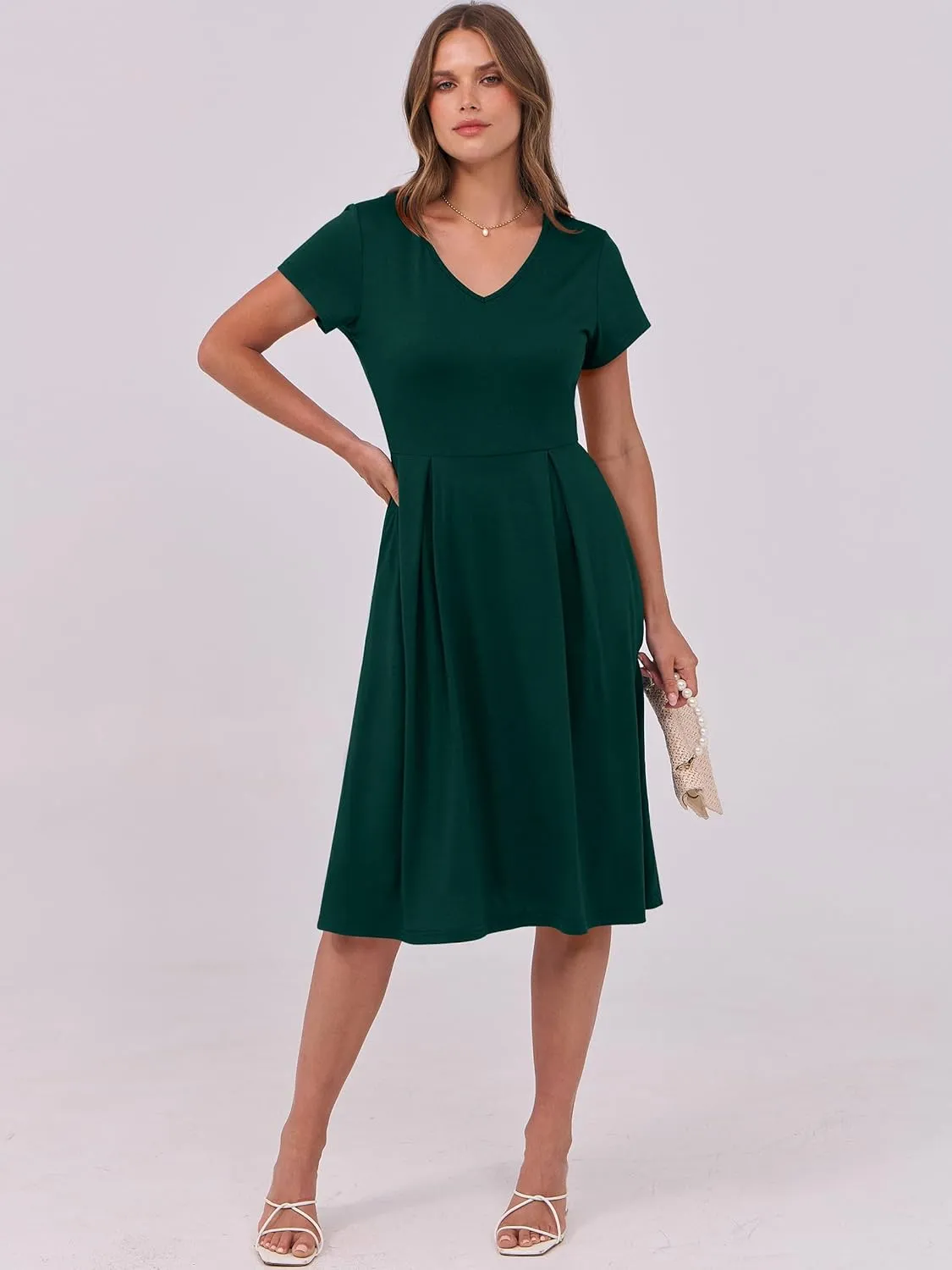 ANRABESS Women Summer Dress Casual Short Sleeve V Neck A-Line Knee Length Pleated Flowy 2025 Fashion Midi Dresses with Pocket