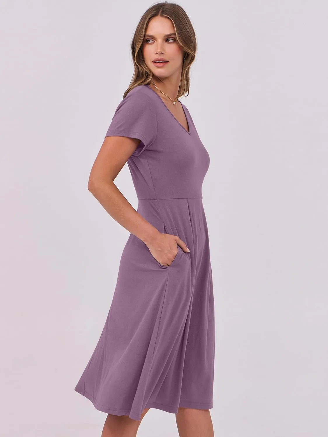 ANRABESS Women Summer Dress Casual Short Sleeve V Neck A-Line Knee Length Pleated Flowy 2025 Fashion Midi Dresses with Pocket