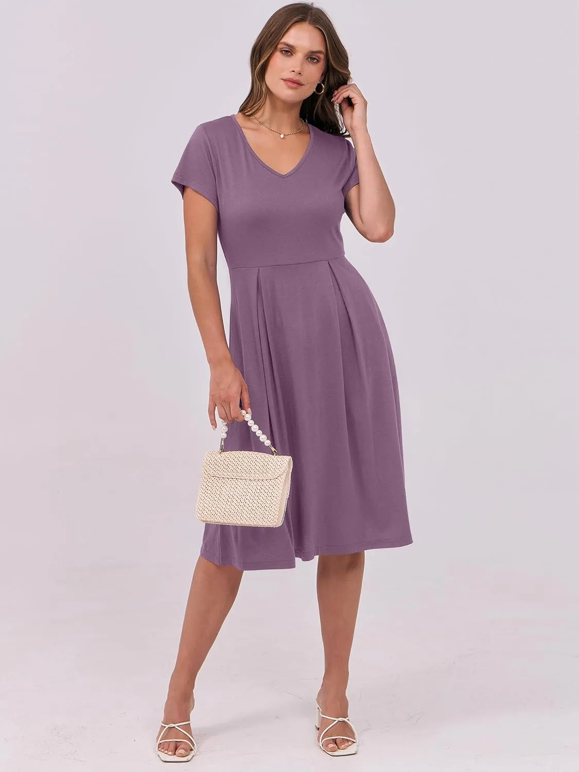 ANRABESS Women Summer Dress Casual Short Sleeve V Neck A-Line Knee Length Pleated Flowy 2025 Fashion Midi Dresses with Pocket