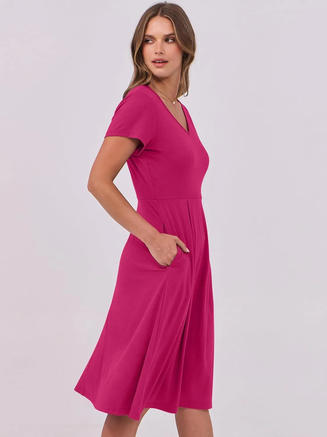 ANRABESS Women Summer Dress Casual Short Sleeve V Neck A-Line Knee Length Pleated Flowy 2025 Fashion Midi Dresses with Pocket