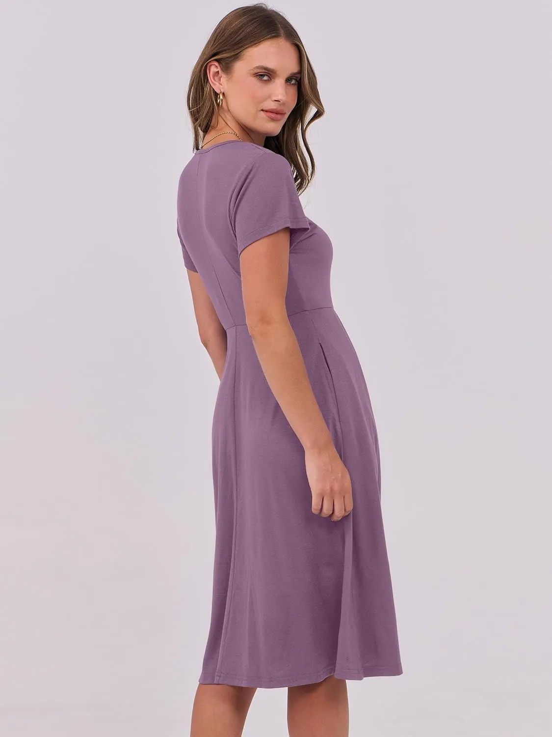 ANRABESS Women Summer Dress Casual Short Sleeve V Neck A-Line Knee Length Pleated Flowy 2025 Fashion Midi Dresses with Pocket