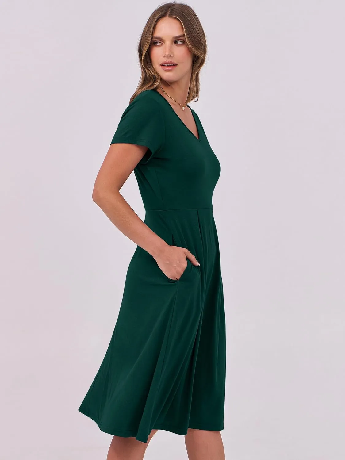 ANRABESS Women Summer Dress Casual Short Sleeve V Neck A-Line Knee Length Pleated Flowy 2025 Fashion Midi Dresses with Pocket