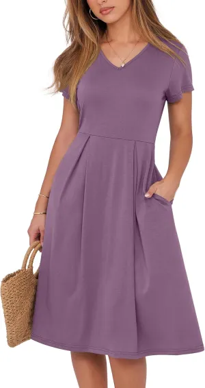 ANRABESS Women Summer Dress Casual Short Sleeve V Neck A-Line Knee Length Pleated Flowy 2025 Fashion Midi Dresses with Pocket