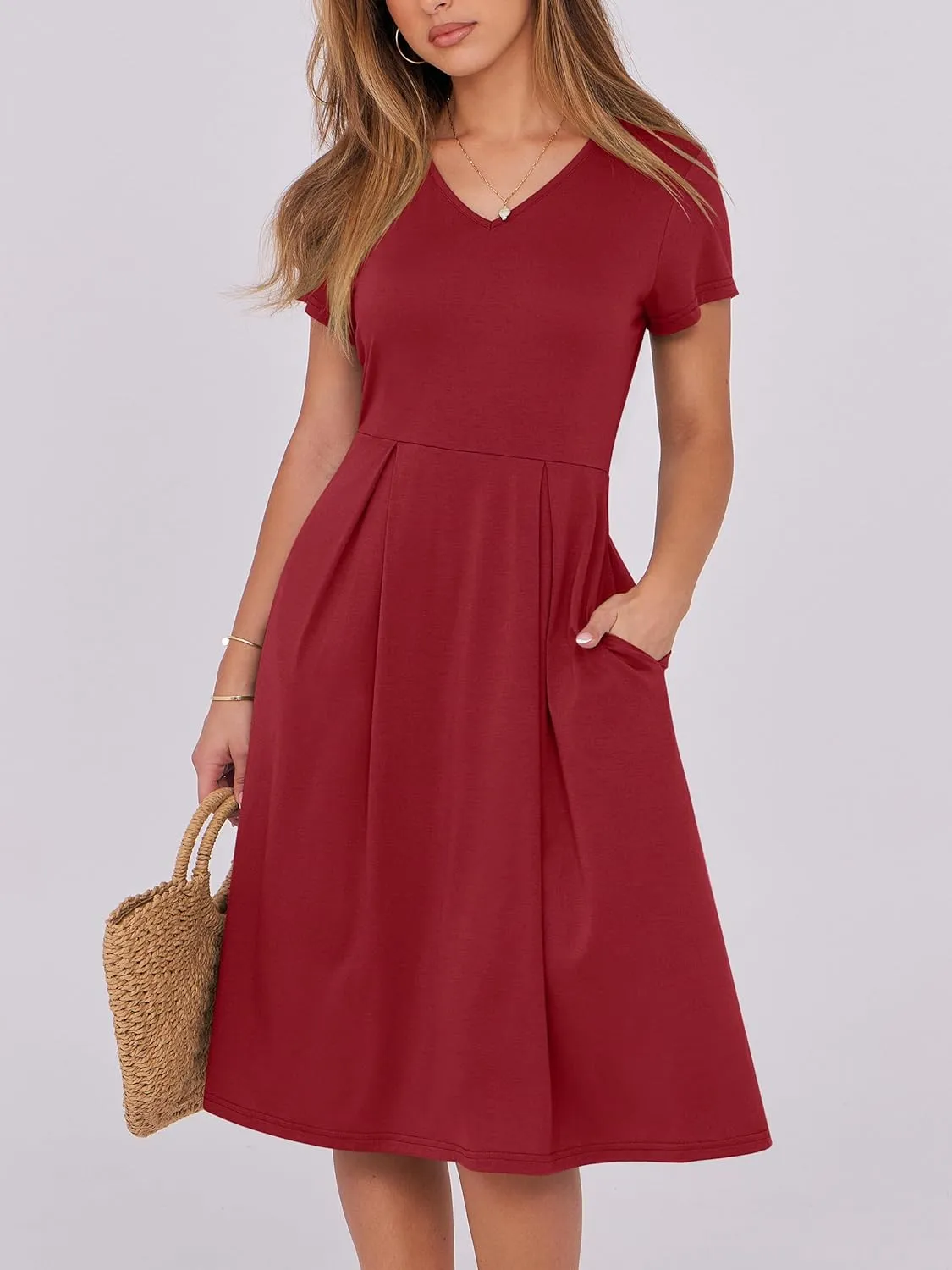 ANRABESS Women Summer Dress Casual Short Sleeve V Neck A-Line Knee Length Pleated Flowy 2025 Fashion Midi Dresses with Pocket