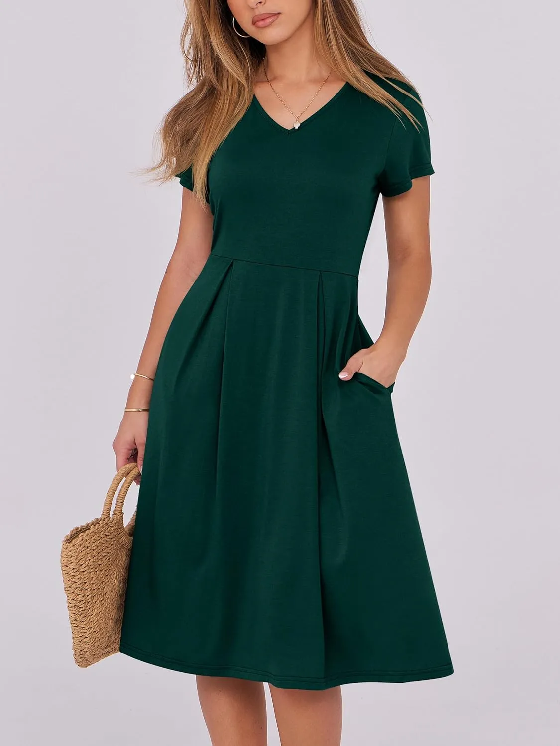 ANRABESS Women Summer Dress Casual Short Sleeve V Neck A-Line Knee Length Pleated Flowy 2025 Fashion Midi Dresses with Pocket