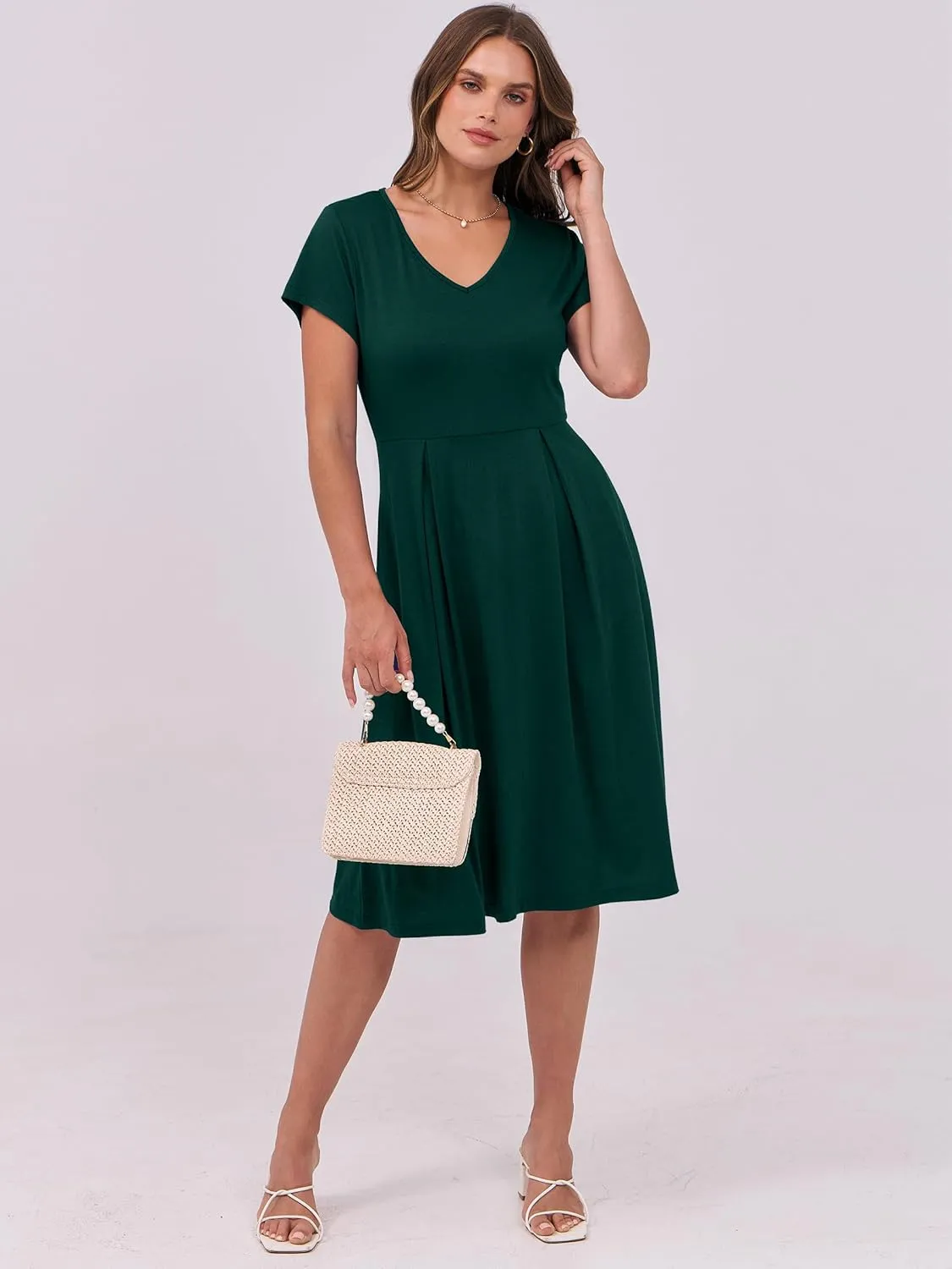 ANRABESS Women Summer Dress Casual Short Sleeve V Neck A-Line Knee Length Pleated Flowy 2025 Fashion Midi Dresses with Pocket