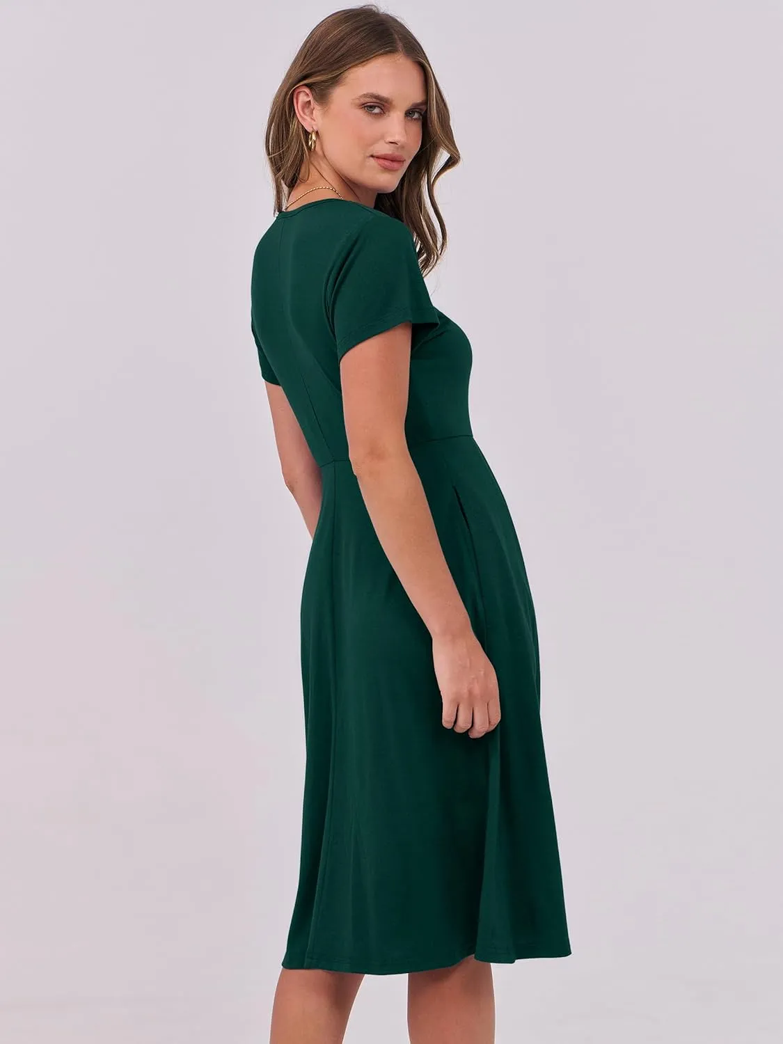 ANRABESS Women Summer Dress Casual Short Sleeve V Neck A-Line Knee Length Pleated Flowy 2025 Fashion Midi Dresses with Pocket