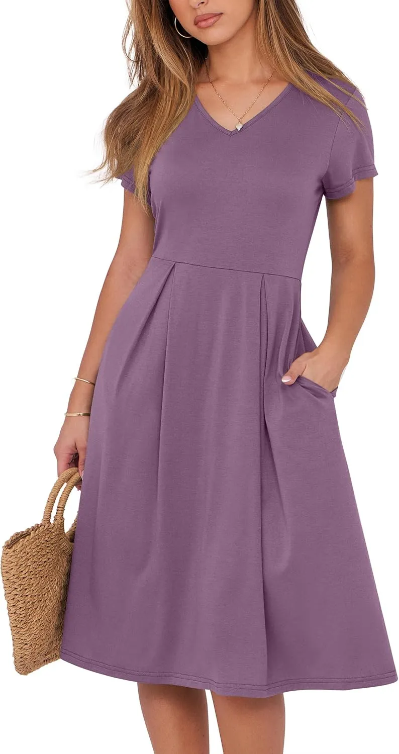 ANRABESS Women Summer Dress Casual Short Sleeve V Neck A-Line Knee Length Pleated Flowy 2025 Fashion Midi Dresses with Pocket