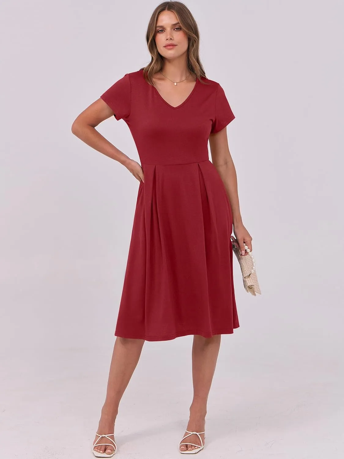 ANRABESS Women Summer Dress Casual Short Sleeve V Neck A-Line Knee Length Pleated Flowy 2025 Fashion Midi Dresses with Pocket