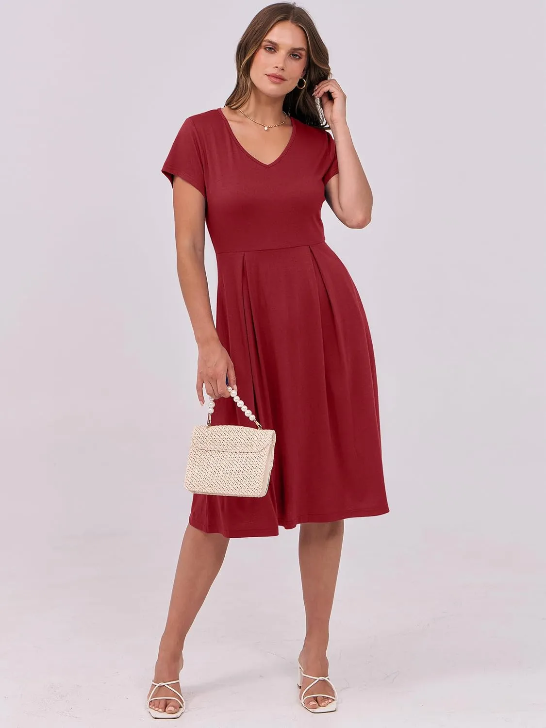 ANRABESS Women Summer Dress Casual Short Sleeve V Neck A-Line Knee Length Pleated Flowy 2025 Fashion Midi Dresses with Pocket
