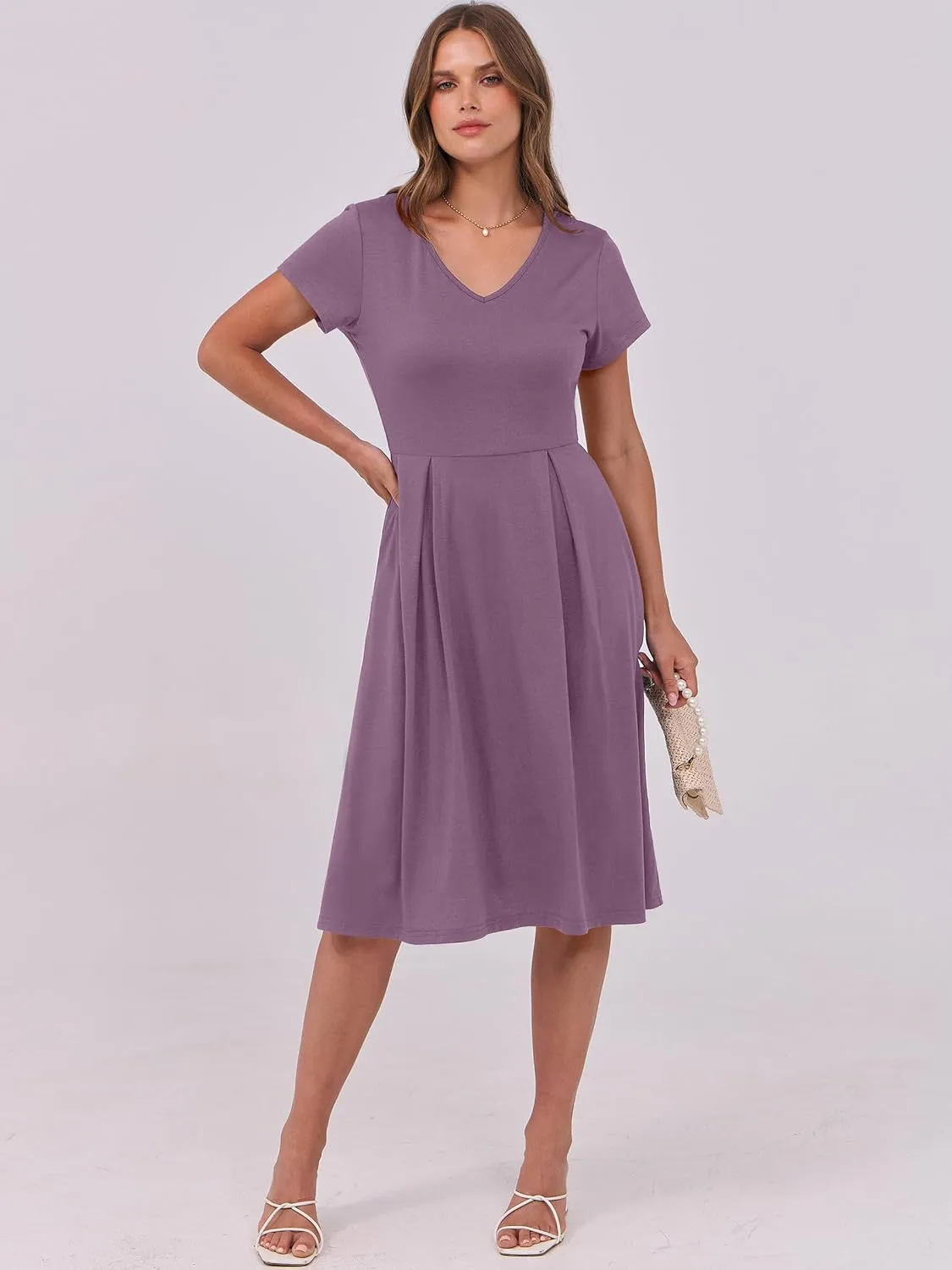 ANRABESS Women Summer Dress Casual Short Sleeve V Neck A-Line Knee Length Pleated Flowy 2025 Fashion Midi Dresses with Pocket