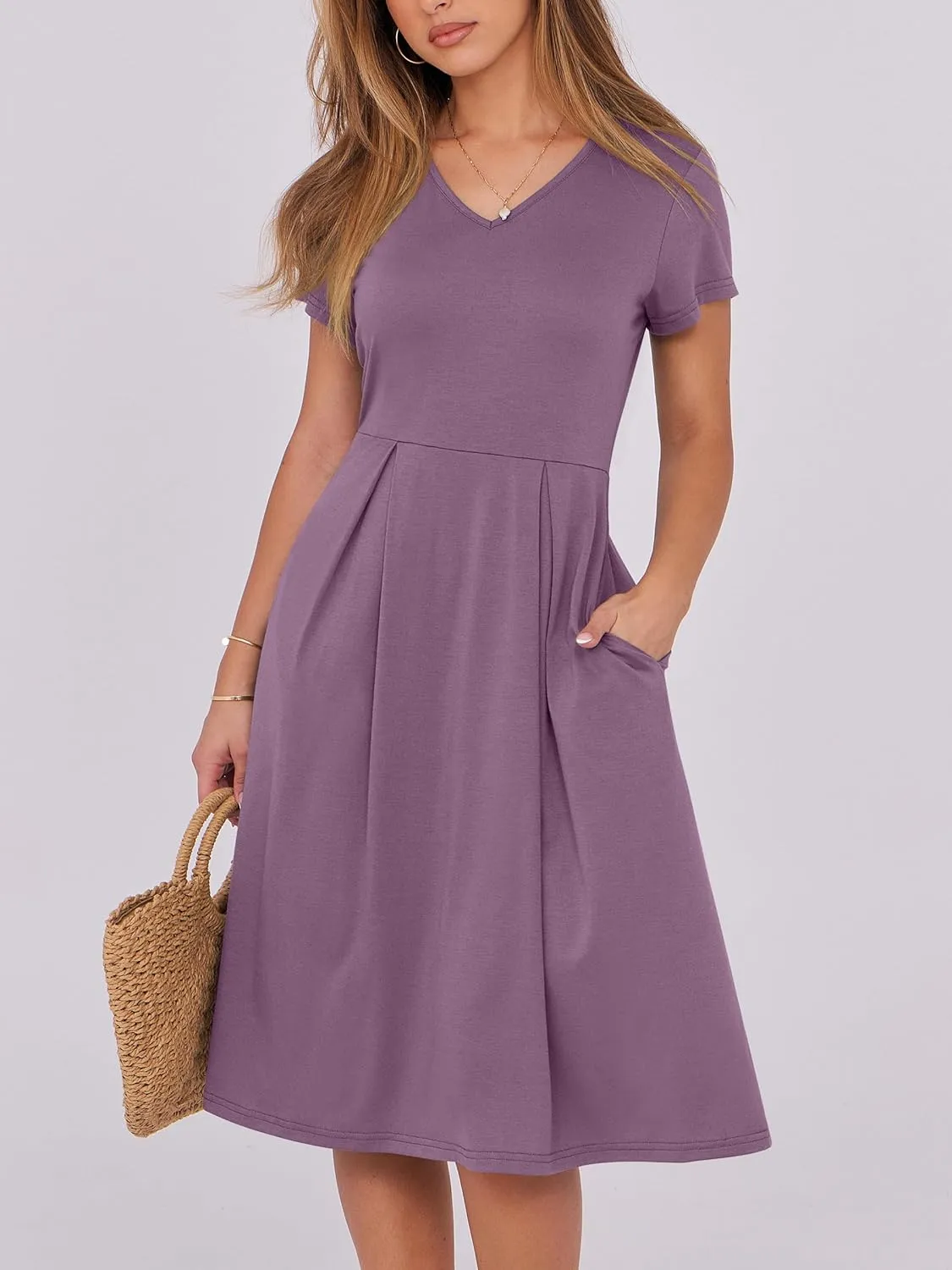 ANRABESS Women Summer Dress Casual Short Sleeve V Neck A-Line Knee Length Pleated Flowy 2025 Fashion Midi Dresses with Pocket