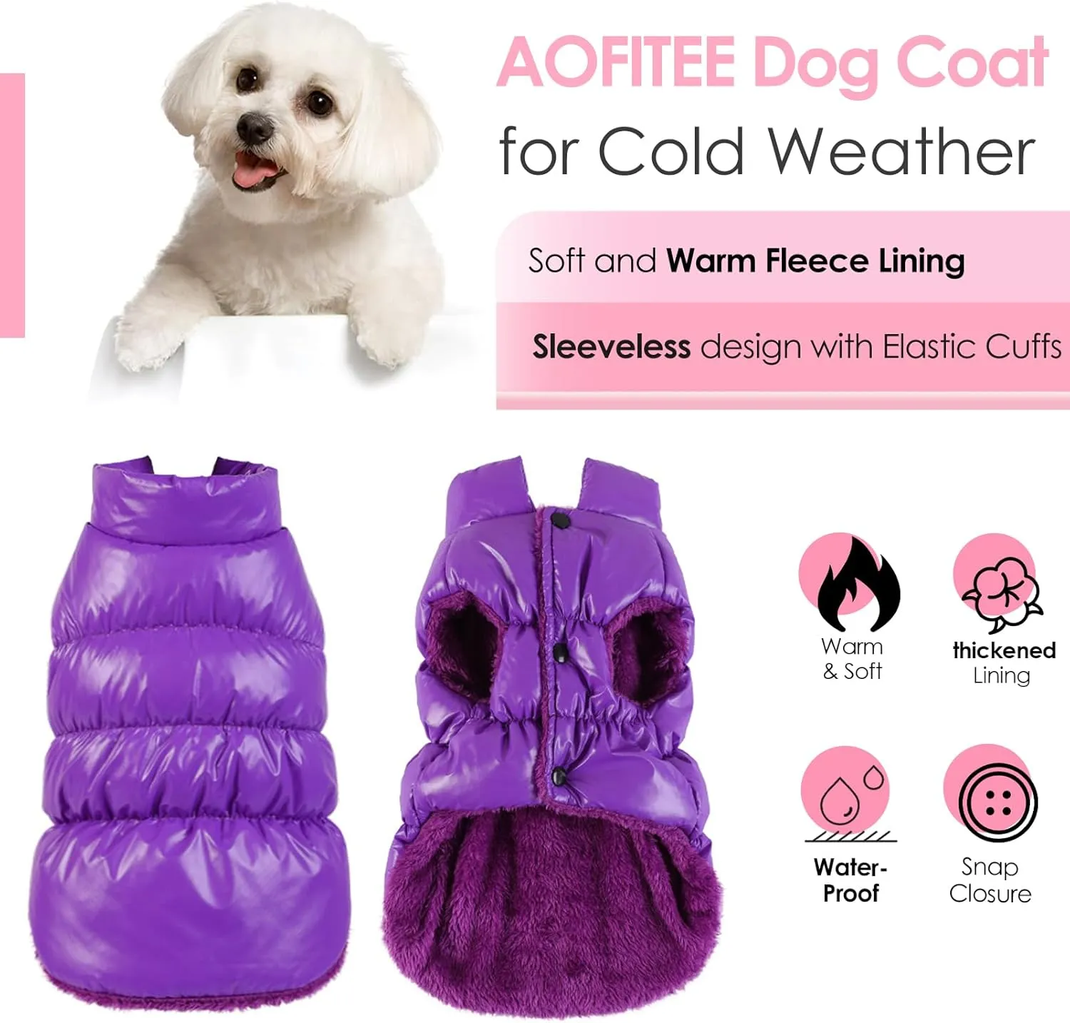 AOFITEE Dog Coat, Waterproof Snowsuit, Fleece Puffer Jacket, Pet Winter Vest, Dog Cold Weather Coats, Purple, 3XL