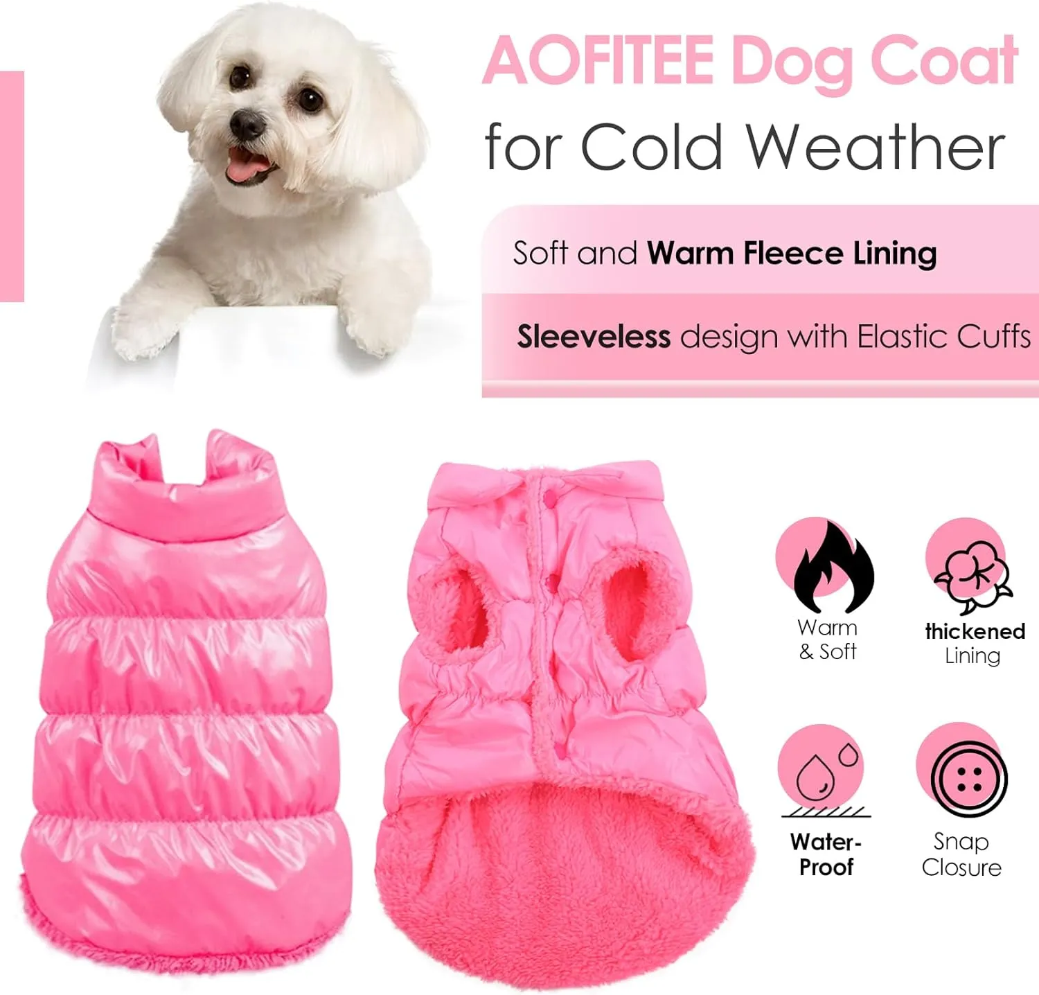 AOFITEE Waterproof Dog Jacket - Winter Coat for Small Medium Dogs, Fleece Snowsuit, Warm Puffer Jacket, Cozy Pet Winter Vest, Cold Weather Coat, Pink, 3XL