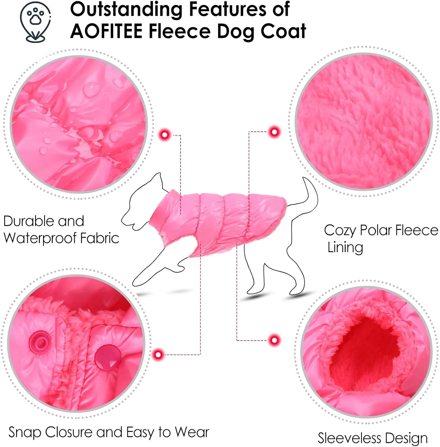 AOFITEE Waterproof Dog Jacket - Winter Coat for Small Medium Dogs, Fleece Snowsuit, Warm Puffer Jacket, Cozy Pet Winter Vest, Cold Weather Coat, Pink, 3XL
