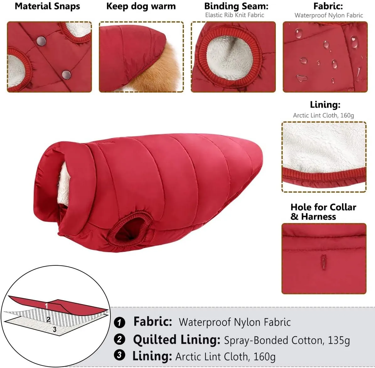 ASENKU Windproof Winter Jacket Waterproof Coat Warm Vest Cold Weather Pet Apparel With 2 Layers Fleece Lined for Small Medium Large Dogs (M, Red)