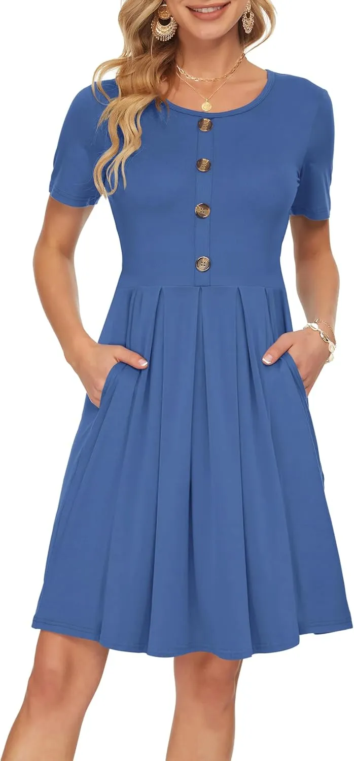 AUSELILY Women's Short Sleeve Summer Dress Pleated Button Down Knee Length Dresses with Pockets 2025 New